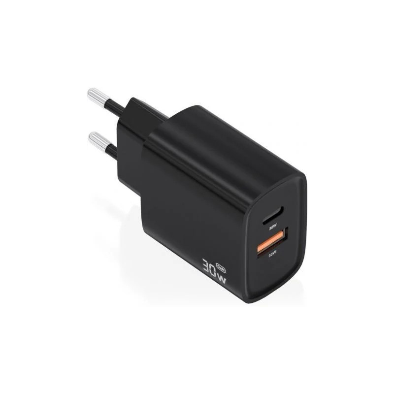 Cargador de Pared GaN Aisens A110-0953/ 1xUSB Tipo-C/ 1xUSB/ 30W/ Negr