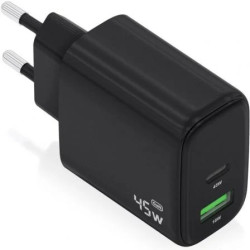 Cargador de Pared GaN Aisens A110-0972/ 1xUSB Tipo-C/ 1xUSB/ 45W/ Negr
