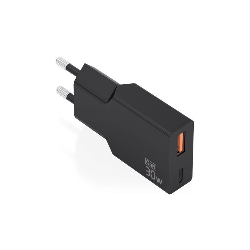 Cargador de Pared GaN Aisens A110-1005/ 1xUSB Tipo-C/ 1xUSB/ 30W/ Negr