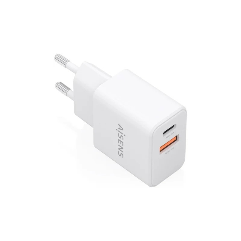 Cargador de Pared GaN Aisens A110-1025/ 1xUSB Tipo-C/ 1xUSB/ 20W/ Blan