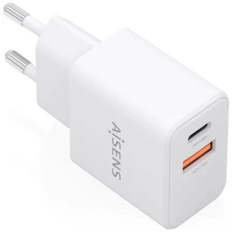 Cargador de Pared GaN Aisens A110-1025/ 1xUSB Tipo-C/ 1xUSB/ 20W/ Blan
