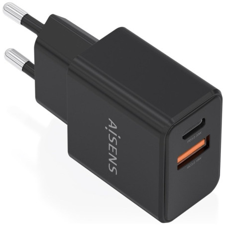 Cargador de Pared GaN Aisens A110-1026/ 1xUSB Tipo-C/ 1xUSB/ 20W/ Negr