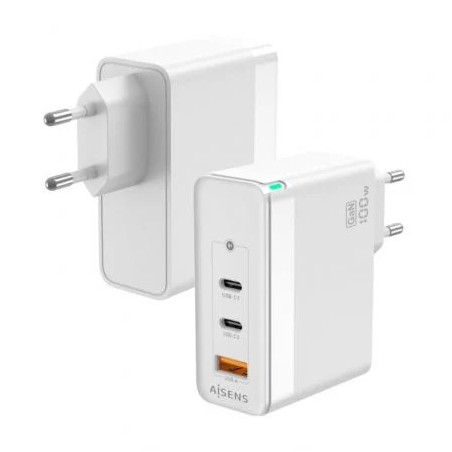 Cargador de Pared GaN Aisens ASCH-100W3P008-W/ 2xUSB Tipo-C/ 1x USB/ 1