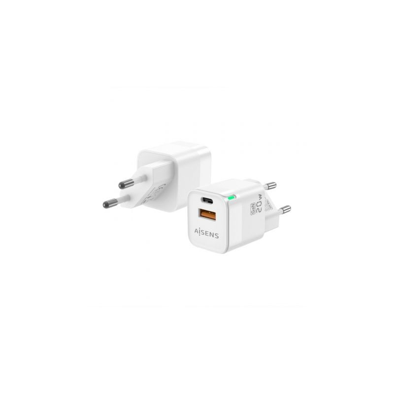 Cargador de Pared GaN Aisens ASCH-20W2P002-W/ 1xUSB Tipo-C/ 1xUSB/ 20W
