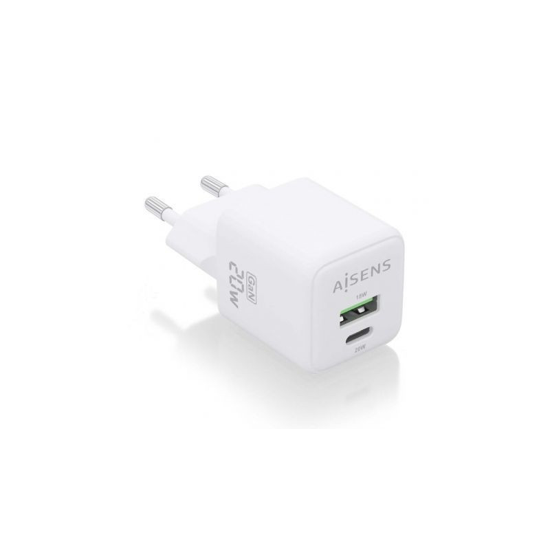 Cargador de Pared GaN Aisens ASCH-20W2P010-W/ 1xUSB Tipo-C/ 1xUSB/ 20W
