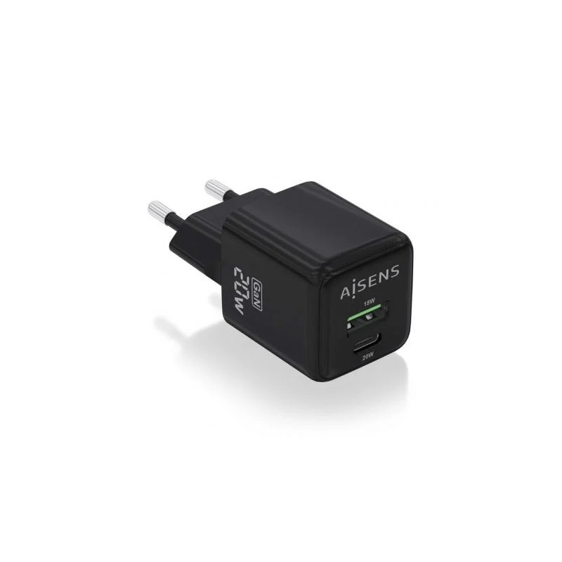 Cargador de Pared GaN Aisens ASCH-20W2P011-BK/ 1xUSB Tipo-C/ 1xUSB/ 20