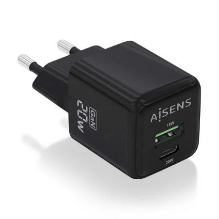 Cargador de Pared GaN Aisens ASCH-20W2P011-BK/ 1xUSB Tipo-C/ 1xUSB/ 20
