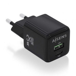Cargador de Pared GaN Aisens ASCH-25W2P015-BK/ 1xUSB Tipo-C/ 1xUSB/ 25