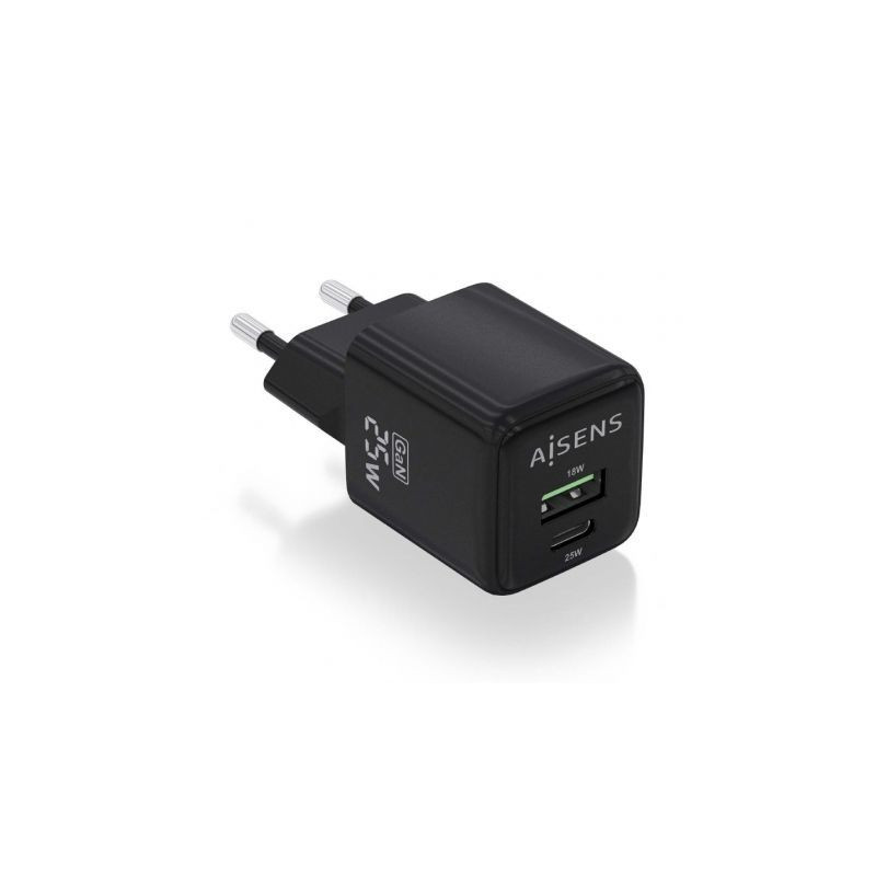 Cargador de Pared GaN Aisens ASCH-25W2P015-BK/ 1xUSB Tipo-C/ 1xUSB/ 25