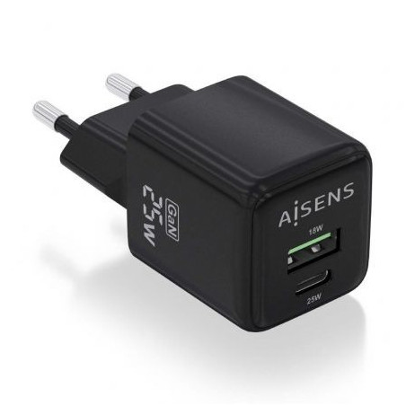 Cargador de Pared GaN Aisens ASCH-25W2P015-BK/ 1xUSB Tipo-C/ 1xUSB/ 25