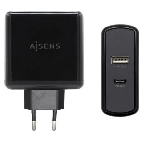 Cargador de Pared Aisens ASCH-2PD45A-BK/ 1xUSB Tipo-C/ 1x USB/ 57W