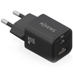 Cargador de Pared GaN Aisens ASCH-30W2P021-BK/ 1xUSB Tipo-C/ 1xUSB/ 30