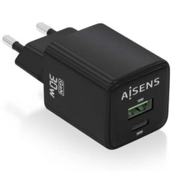 Cargador de Pared GaN Aisens ASCH-30W2P038-BK/ 1xUSB Tipo-C/ 1xUSB/ 30