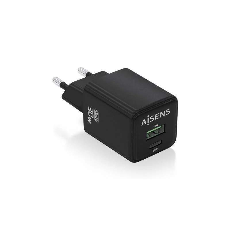 Cargador de Pared GaN Aisens ASCH-30W2P038-BK/ 1xUSB Tipo-C/ 1xUSB/ 30