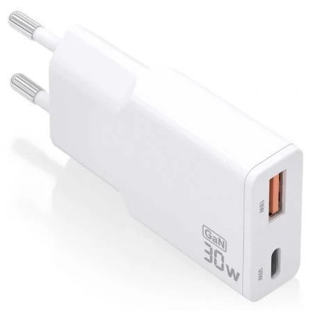 Cargador de Pared GaN Aisens ASCH-30W2P046-W/ 1xUSB Tipo-C/ 1xUSB/ 30W