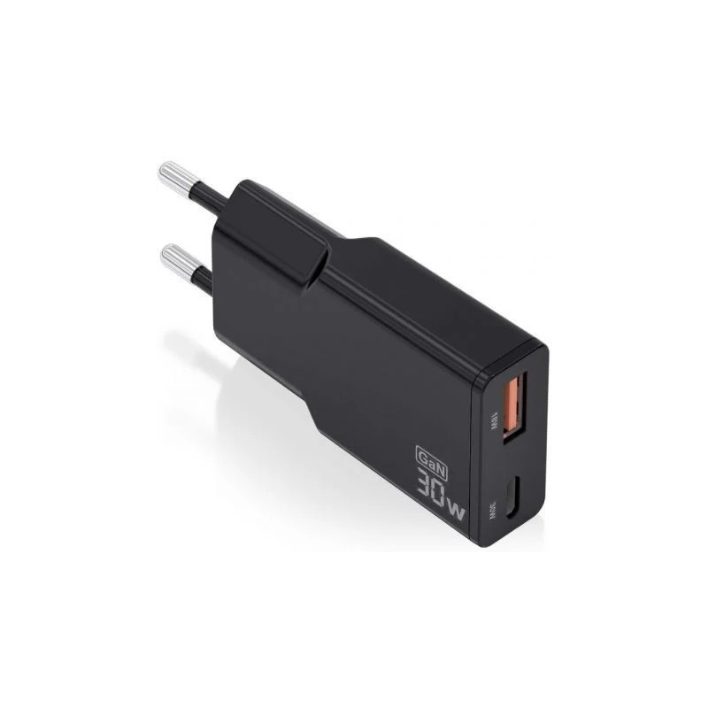 Cargador de Pared GaN Aisens ASCH-30W2P047-BK/ 1xUSB Tipo-C/ 1xUSB/ 30