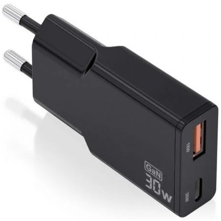 Cargador de Pared GaN Aisens ASCH-30W2P047-BK/ 1xUSB Tipo-C/ 1xUSB/ 30