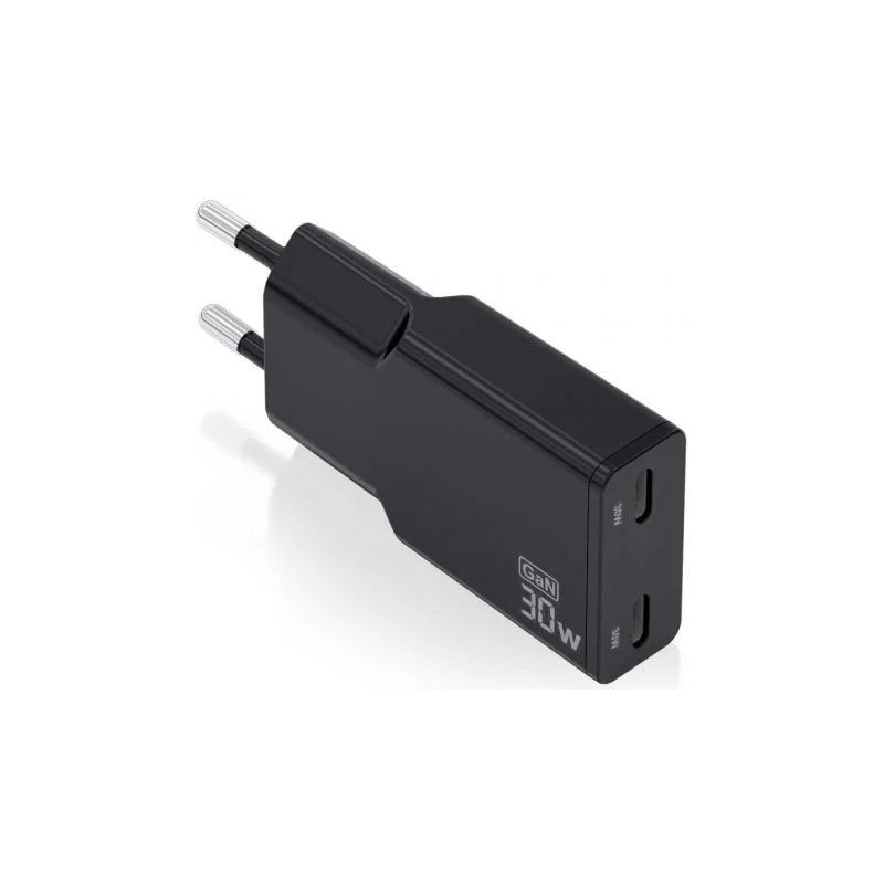 Cargador de Pared GaN Aisens ASCH-30W2P049-BK/ 2xUSB Tipo-C/ 30W/ Negr