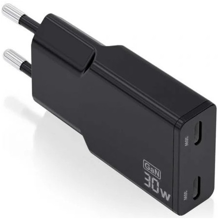 Cargador de Pared GaN Aisens ASCH-30W2P049-BK/ 2xUSB Tipo-C/ 30W/ Negr