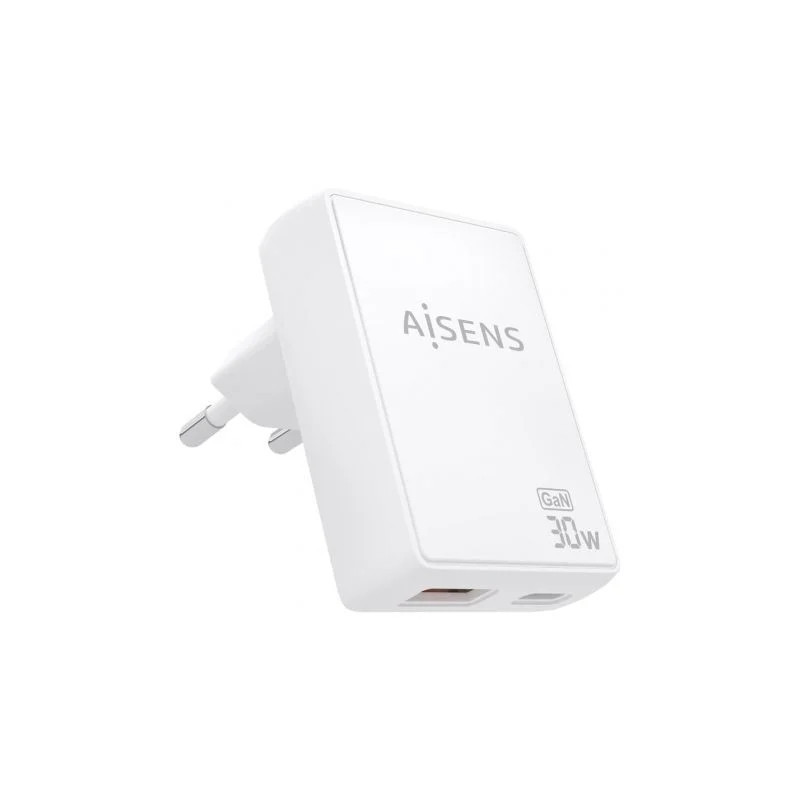 Cargador de Pared GaN Aisens ASCH-30W2P074-W/ 1xUSB Tipo-C/ 1xUSB/ 30W