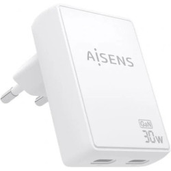 Cargador de Pared GaN Aisens ASCH-30W2P075-W/ 2xUSB Tipo-C/ 30W/ Blanc