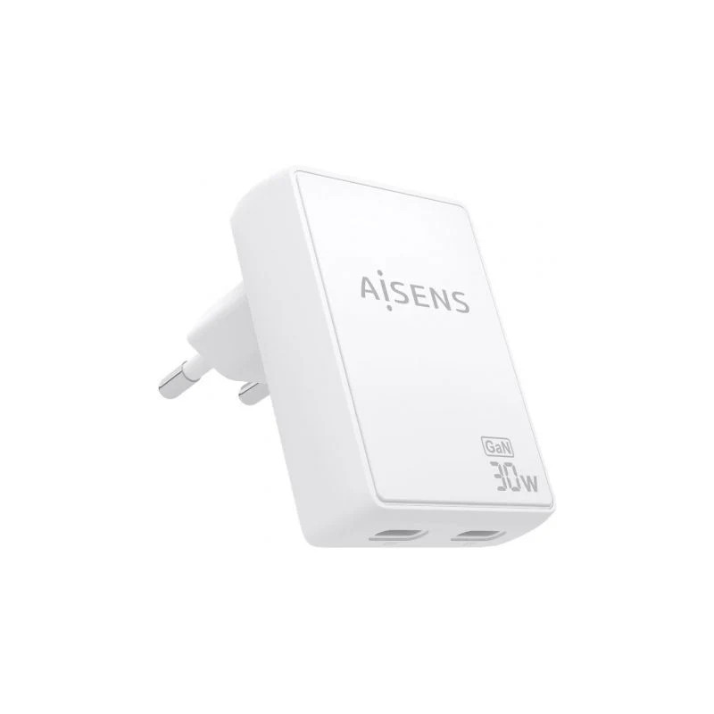 Cargador de Pared GaN Aisens ASCH-30W2P075-W/ 2xUSB Tipo-C/ 30W/ Blanc