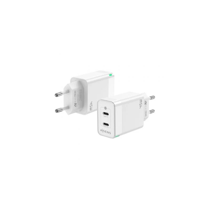 Cargador de Pared GaN Aisens ASCH-45W2P005-W/ 2xUSB Tipo-C/ 45W