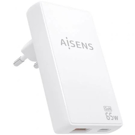 Cargador de Pared GaN Aisens ASCH-65W2P076-W/ 1xUSB Tipo-C/ 1xUSB/ 65W