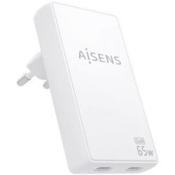 Cargador de Pared GaN Aisens ASCH-65W2P077-W/ 2xUSB Tipo-C/ 65W/ Blanc