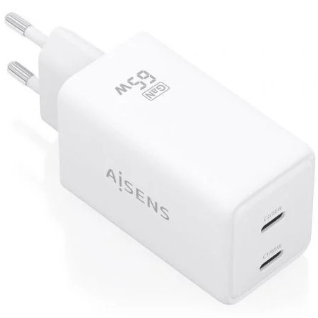 Cargador de Pared GaN Aisens ASCH-65W2P078-W/ 2xUSB Tipo-C/ 65W/ Blanc