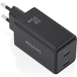 Cargador de Pared GaN Aisens ASCH-65W2P079-BK/ 2xUSB Tipo-C/ 65W/ Negr