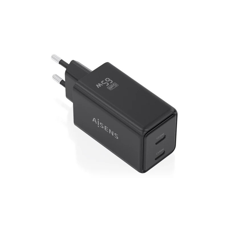 Cargador de Pared GaN Aisens ASCH-65W2P079-BK/ 2xUSB Tipo-C/ 65W/ Negr