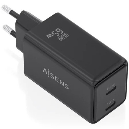 Cargador de Pared GaN Aisens ASCH-65W2P079-BK/ 2xUSB Tipo-C/ 65W/ Negr