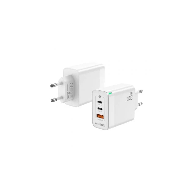 Cargador de Pared GaN Aisens ASCH-65W3P007-W/ 2xUSB Tipo-C/ 1x USB/ 65