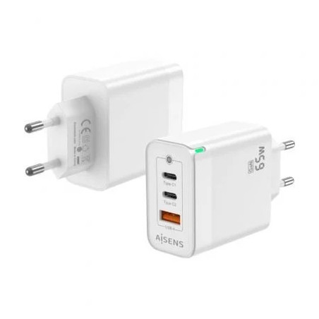 Cargador de Pared GaN Aisens ASCH-65W3P007-W/ 2xUSB Tipo-C/ 1x USB/ 65