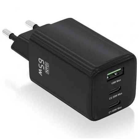 Cargador de Pared GaN Aisens ASCH-65W3P042-BK/ 2xUSB Tipo-C/ 1xUSB/ 65