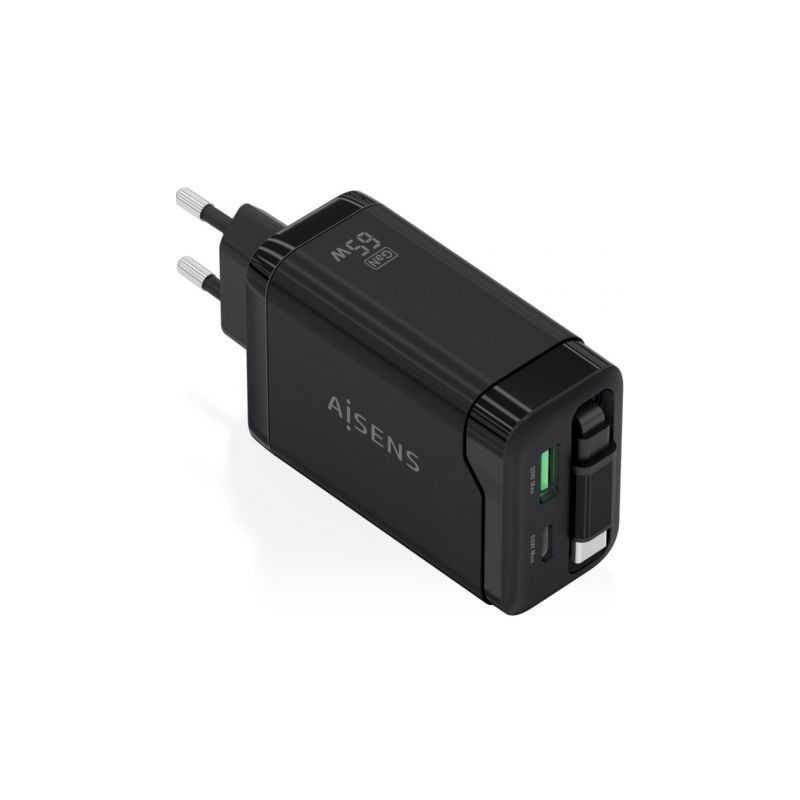 Cargador de Pared GaN Aisens ASCH-65W3P071-BK/ 1xUSB Tipo-C/ 1xUSB/ 65