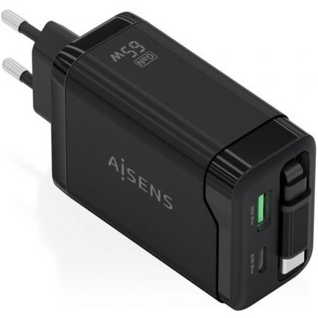 Cargador de Pared GaN Aisens ASCH-65W3P071-BK/ 1xUSB Tipo-C/ 1xUSB/ 65