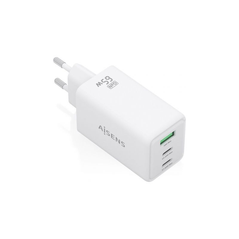 Cargador de Pared GaN Aisens ASCH-65W3P072-W/ 2xUSB Tipo-C/ 1xUSB/ 65W