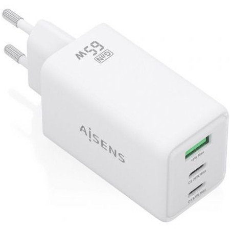 Cargador de Pared GaN Aisens ASCH-65W3P072-W/ 2xUSB Tipo-C/ 1xUSB/ 65W