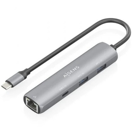 Hub USB Tipo-C Aisens ASUC-4P039-GR/ 1xUSB Tipo-C/ 2xUSB/ 1xRJ45/ Gris