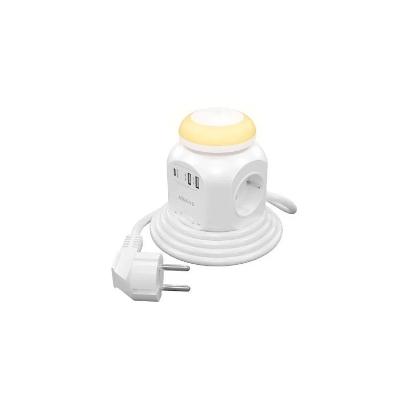 Regleta con Interruptor y Luz Nocturna Aisens ASPS-2A1CLPQ02-W/ 4 Toma