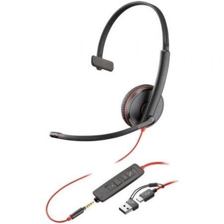 Auricular Poly Blackwire 3215 + 3.5mm + Adaptador USB-C/A/ con Micrófo