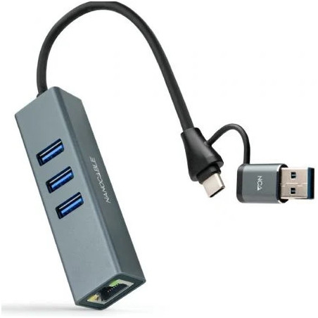 Hub USB + USB Tipo-C 3.0 Nanocable 10.03.0412/ 3xUSB/ 1xRJ45/ Gris