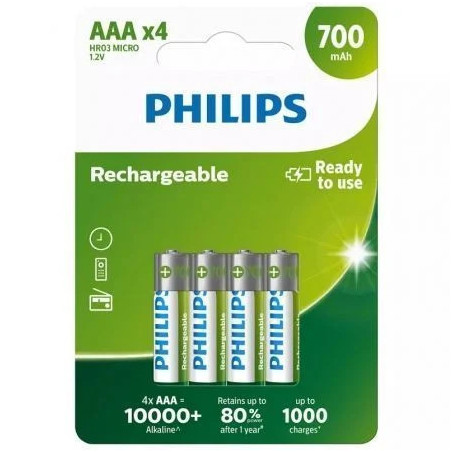 Pack de 4 Pilas AAA Philips R03B4A70/10/ 1.2V/ Recargables