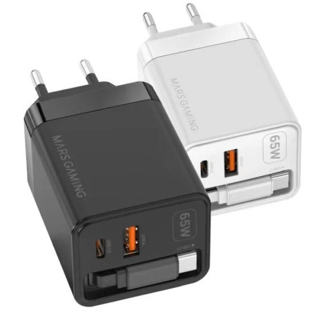 Cargador de Pared GaN Mars Gaming MD-GAN65R/ 1xUSB Tipo-C/ 1xUSB/ 65W/