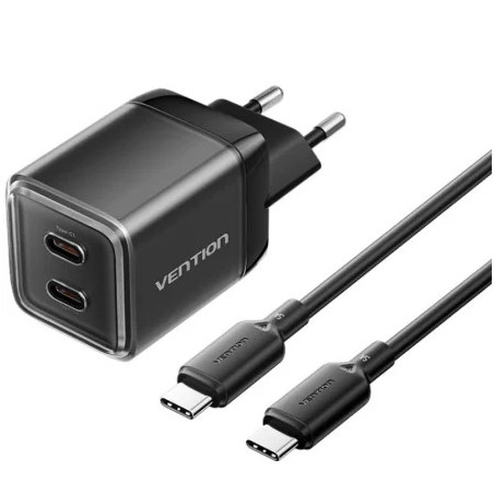 Cargador de Pared GaN Vention TZ-FCFB0-EU/ 2xUSB Tipo-C + Cable USB Ti