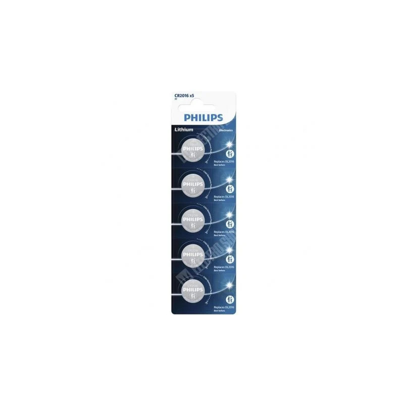 Pack de 5 Pilas de Botón Philips CR2016P5/01B Lithium/ 3V