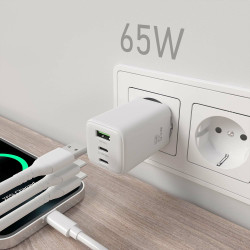 Charger Gan 65W 2XUSB-C PD3.0 QC4.0 1XUSB-A QC3.0 White | APLIUM
