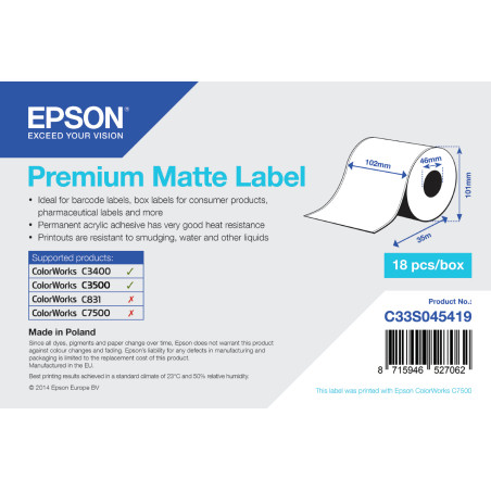 Label/Prem Matte Continuous 102mmx35m